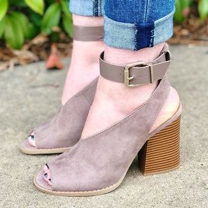 Taupe Stacked Heel Ankle Strap Bootie